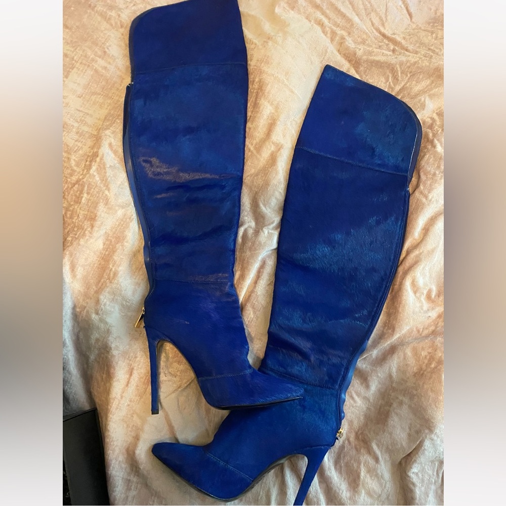 Jennifer Le blue calf hair thigh high boots